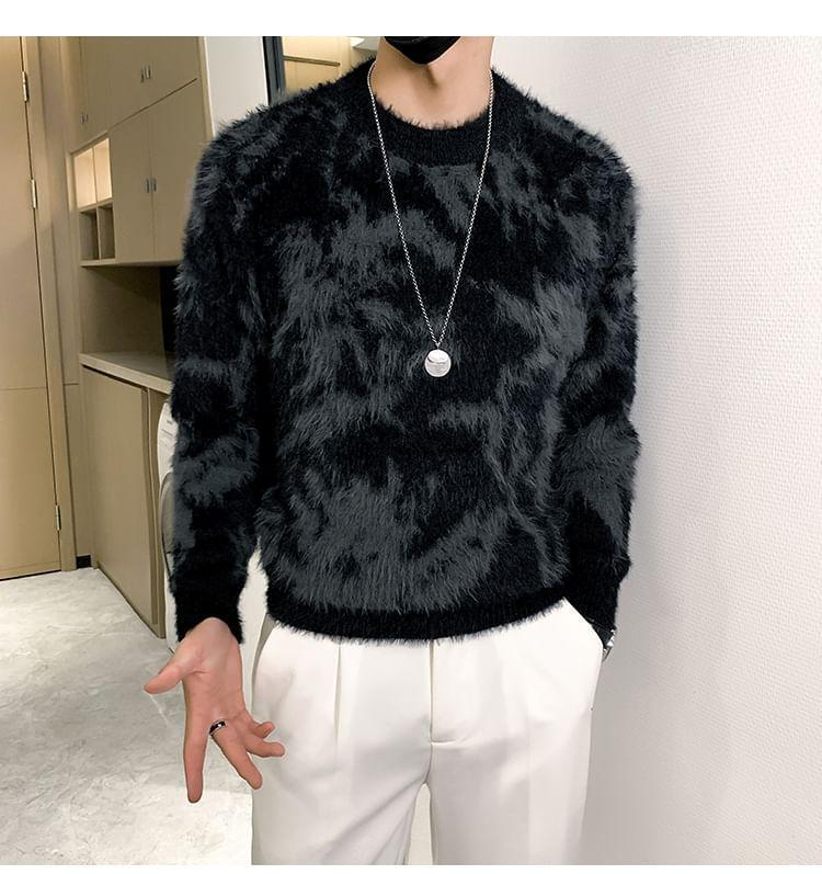 Crew Neck Patterned Fluffy Sweater Product Image