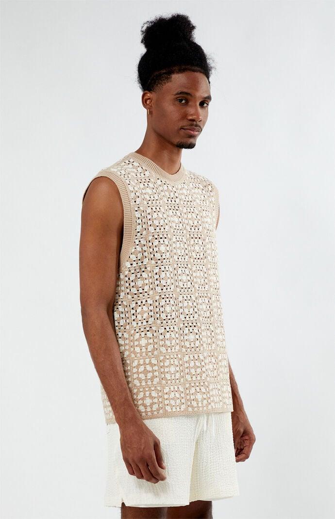 Men's Crochet Vest in Tan/White - Product Image