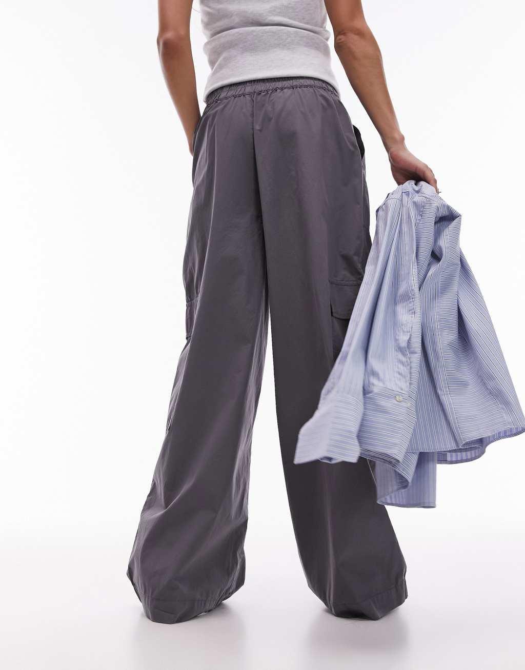 Topshop pull on wide leg pants with cargo pockets in charcoal Product Image