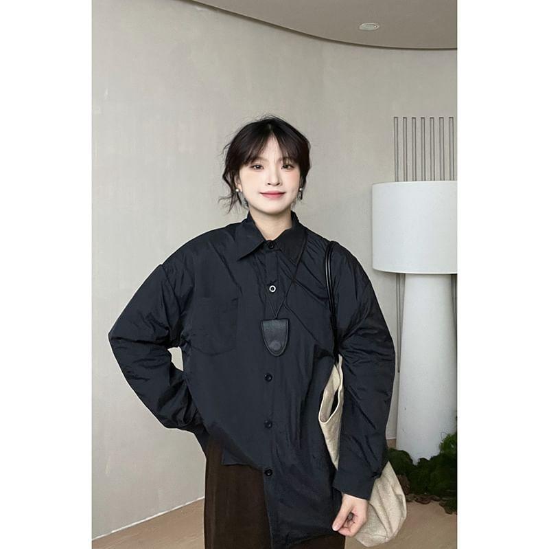 Long-Sleeve Plain Button-Up Shirt Product Image