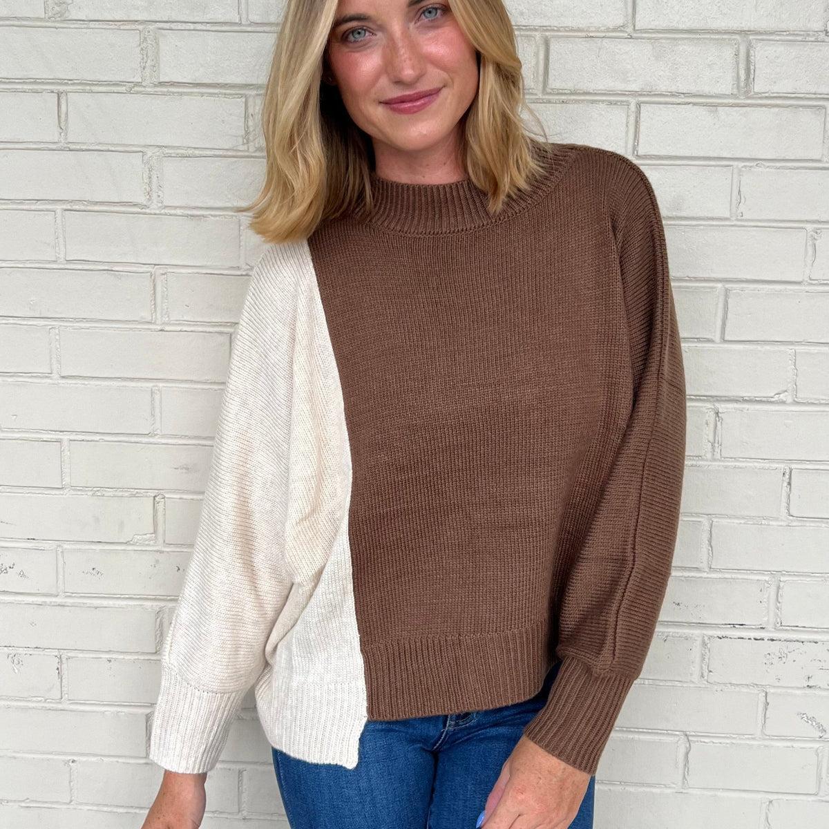 This or That Color Block Sweater - Oatmeal/Brown Product Image