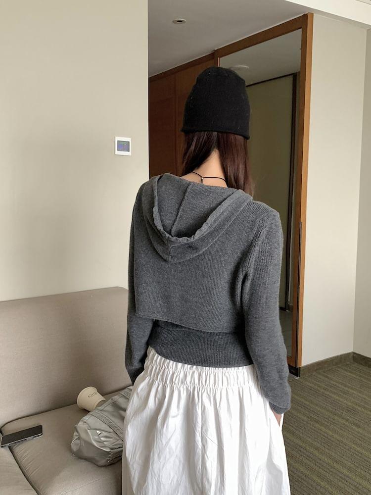 Plain Hooded Ribbed Cropped Sweater / Knit Tank Top / High Waist Maxi A-Line Skirt / Set Product Image