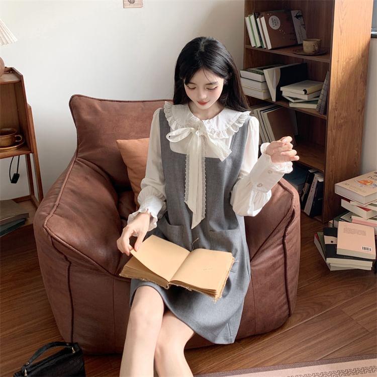 Mock Two-Piece Long-Sleeve Collar Two Tone Bow A-Line Dress Product Image