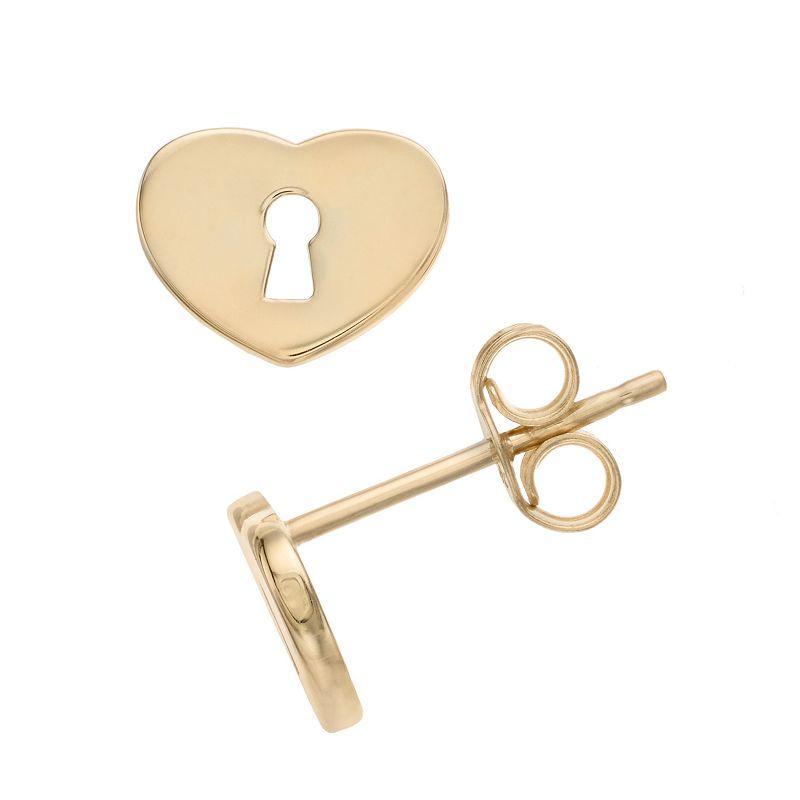 14k Gold Heart Lock Stud Earrings, Womens, Yellow Product Image