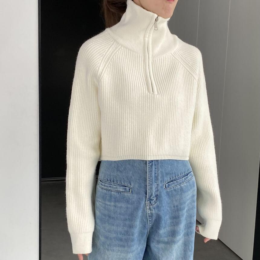 Turtleneck Half Zip Plain Ribbed Knit Crop Sweater Product Image