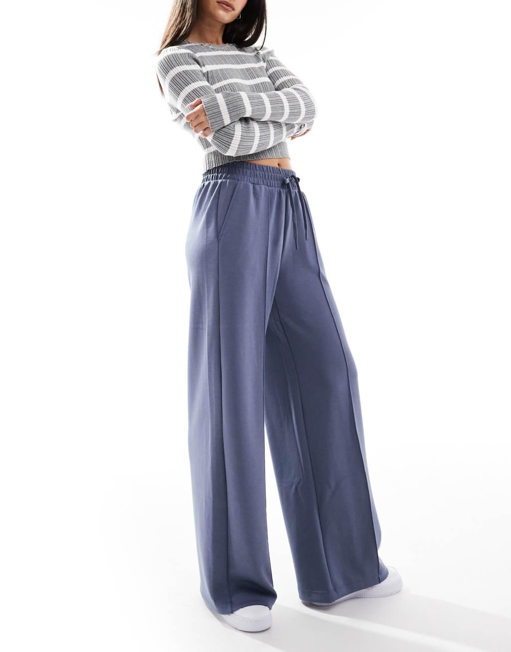 Bershka tie waist wide leg sweatpants in gray blue Product Image