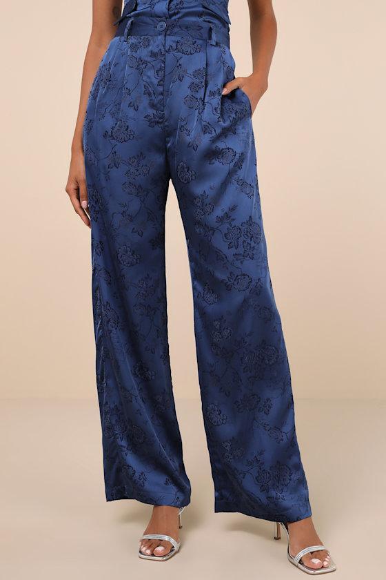 Sleek Refinement Navy Satin Jacquard High-Rise Trouser Pants Product Image