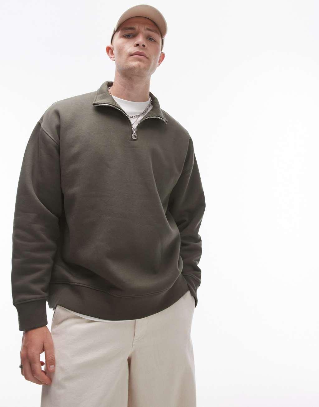 Topman premium heavyweight oversized quarter zip sweatshirt in khaki Product Image