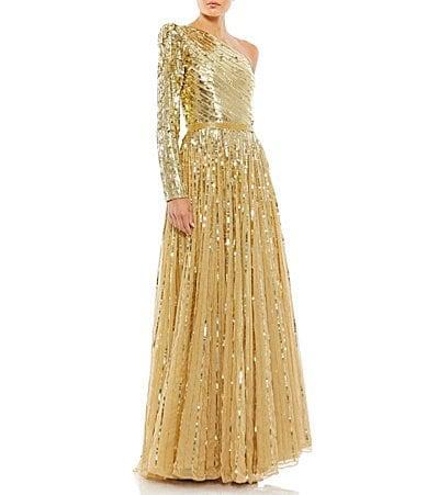 Mac Duggal Sequined Tulle One Shoulder Long Sleeve A Product Image