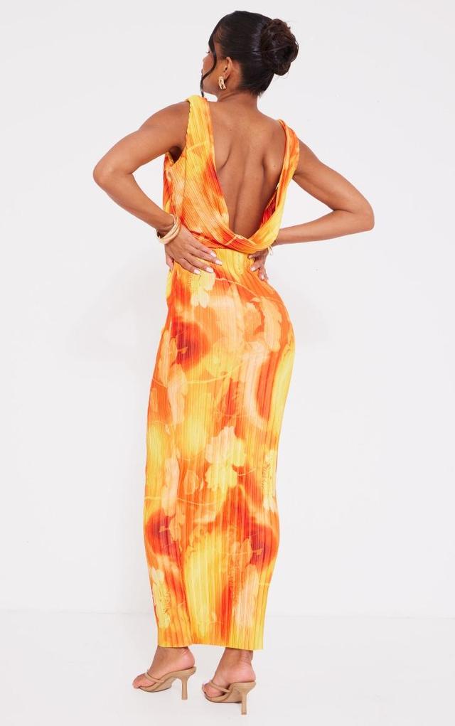 Orange Floral Print Plisse Cut Out Halterneck Maxi Dress Product Image