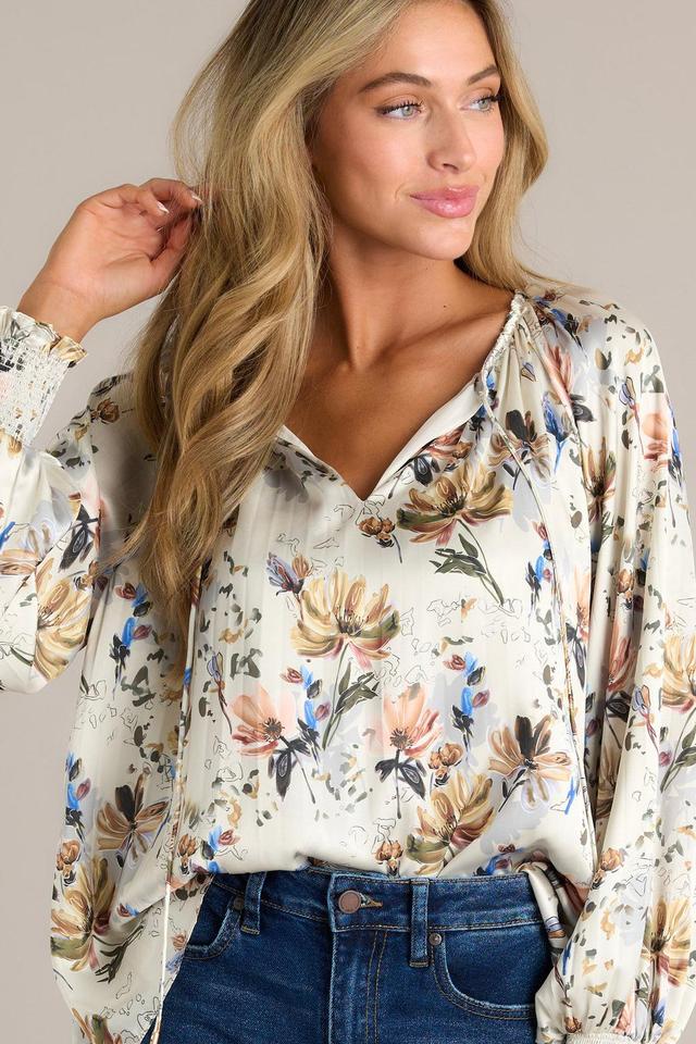 Golden Orchid Ivory Floral Balloon Sleeve Blouse Product Image