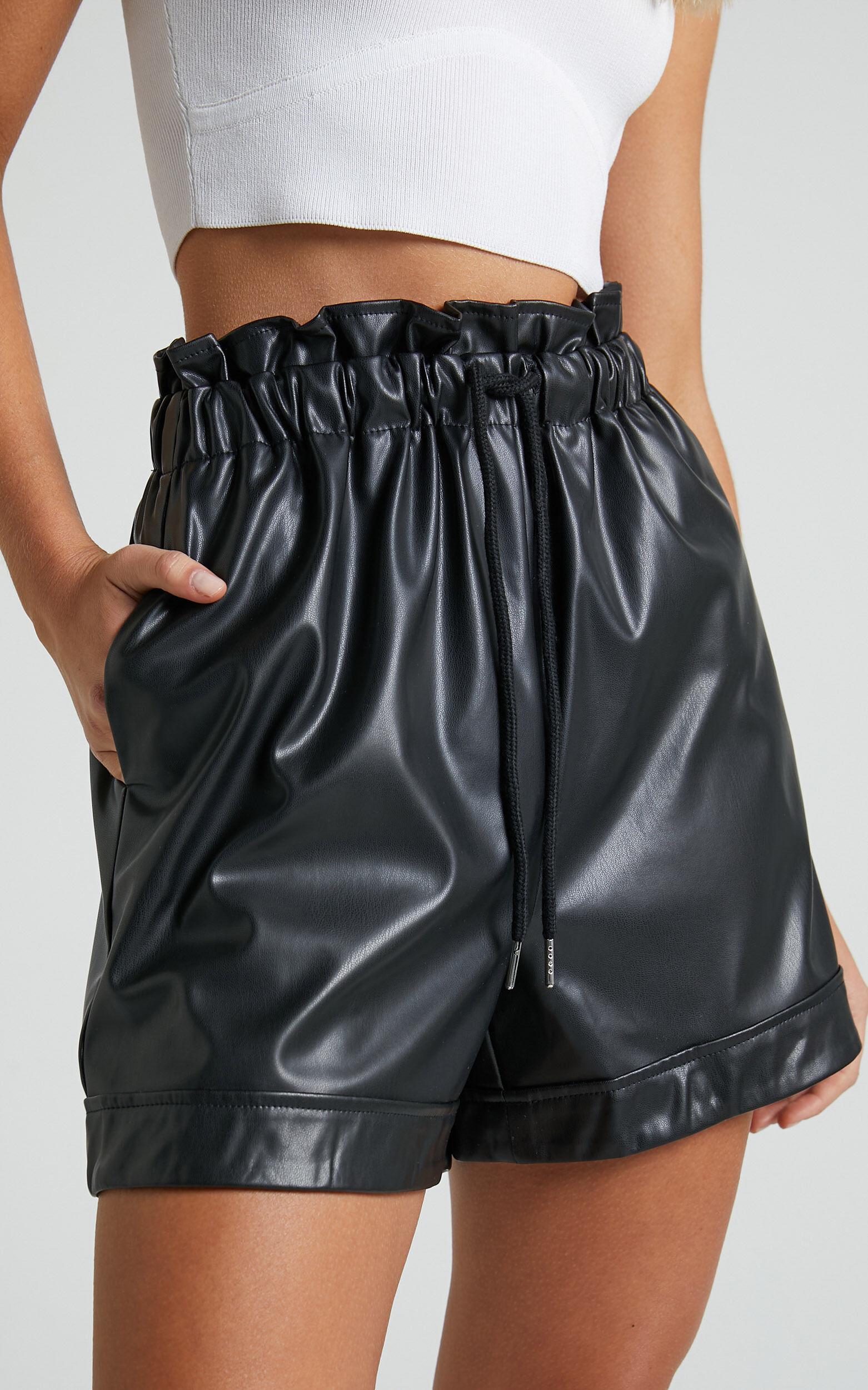 Elviera Shorts - Faux Leather Drawstring Shorts in Black Product Image