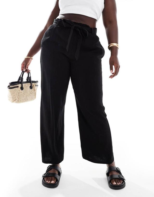 ONLY Curve tie waist wide leg linen mix pants in black  Product Image