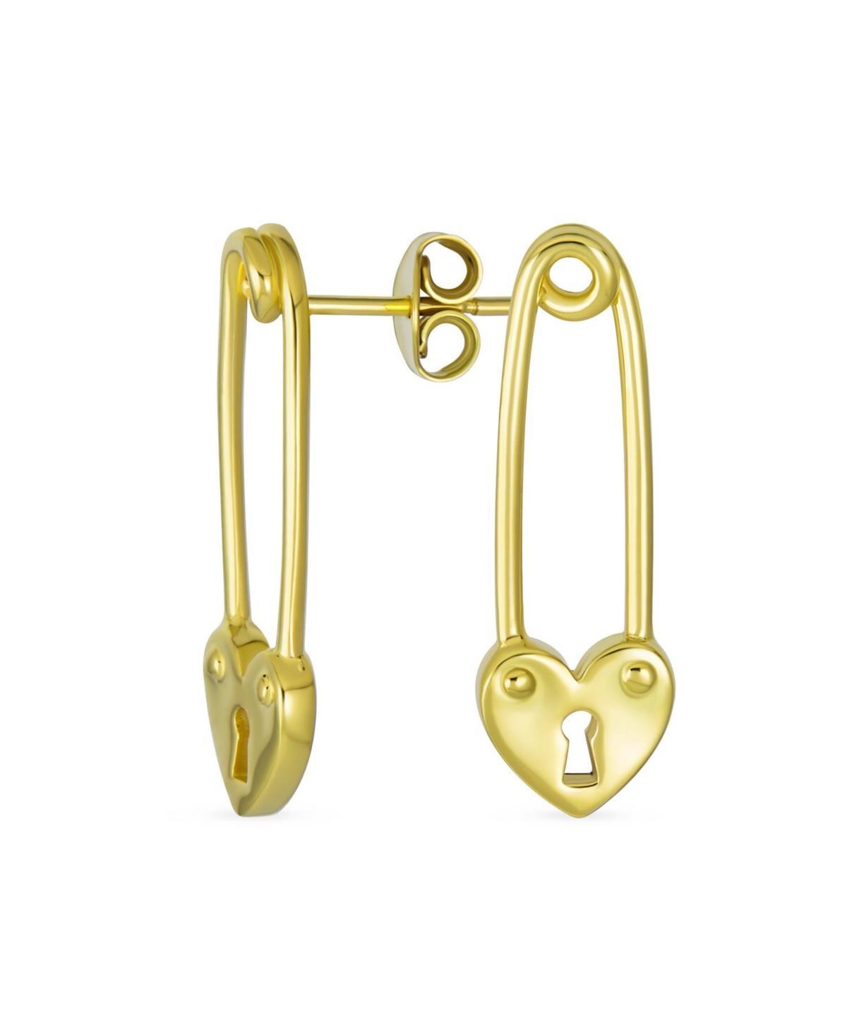 Bling Jewelry Inspirational Symbol Paper Clip Love Lock Drop Sweet Heart Safety Pin Earrings Stud For Women Gold Plated Sterling Silver Product Image