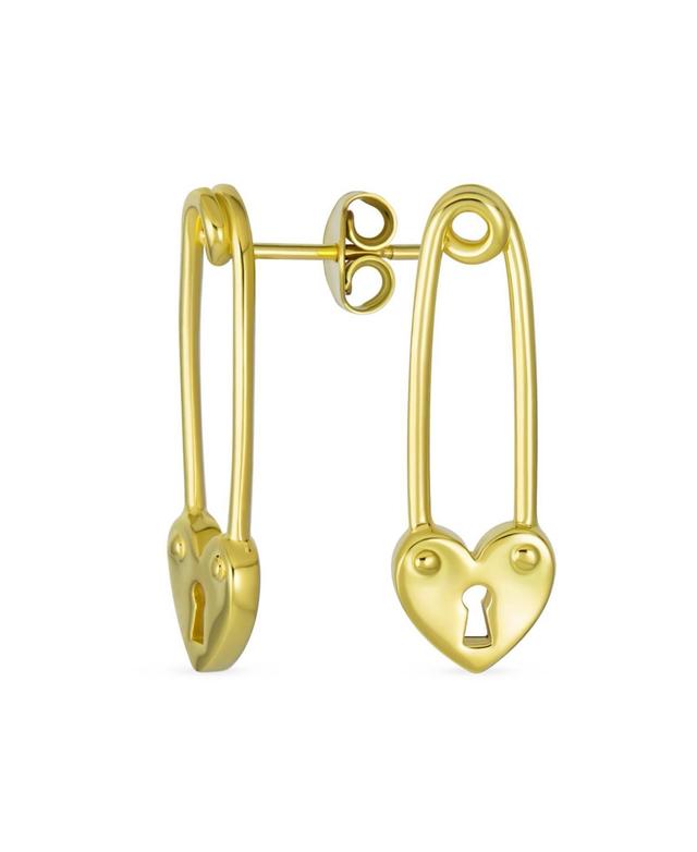 Inspirational Symbol Paper Clip Love Lock Drop Sweet Heart Safety Pin Earrings Stud For Women Teen 14K Yellow Gold Plated .925 Sterling Silver - Gold- Product Image