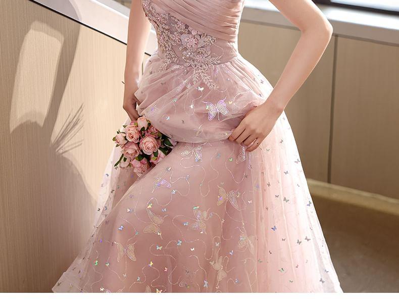 Short-Sleeve Off Shoulder Butterfly Patterned Floral Applique Ruched Mesh A-Line Evening Gown Product Image