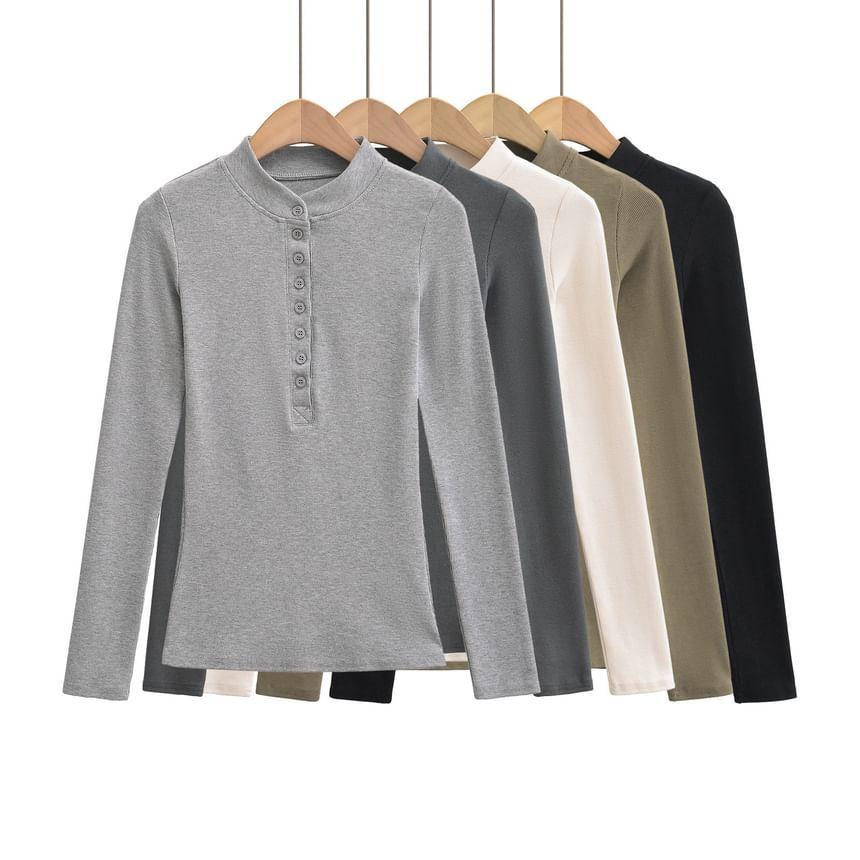 Long Sleeve Mock Neck Henley Plain T-Shirt Product Image