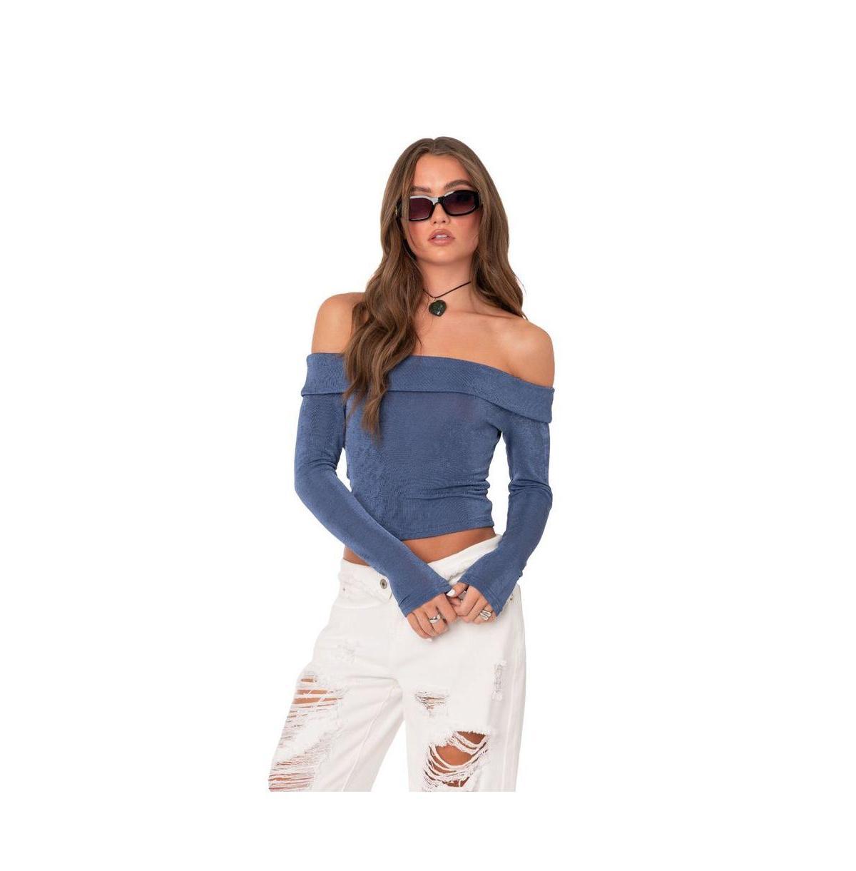 EDIKTED Athena Fold Over Off the Shoulder Long Sleeve Top in Blue at Nordstrom, Size X-Large Product Image