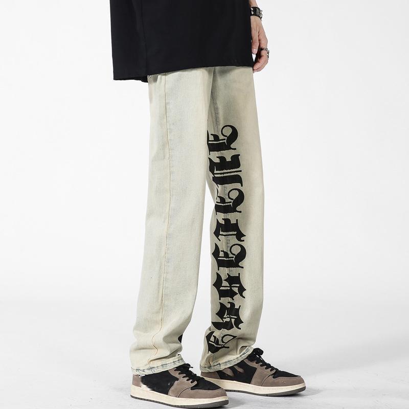 Men's Street Trendy Ins Letter Print Jeans Product Image