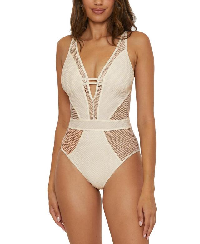 Becca Womens Network Metallic Mesh Plunge-Neck One-Piece Swimsuit Product Image