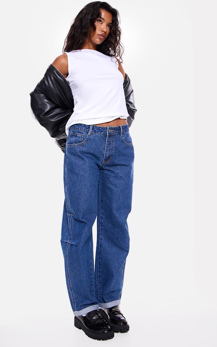 Mid Blue Wash Turn Up Hem Barrel Style Jeans Product Image