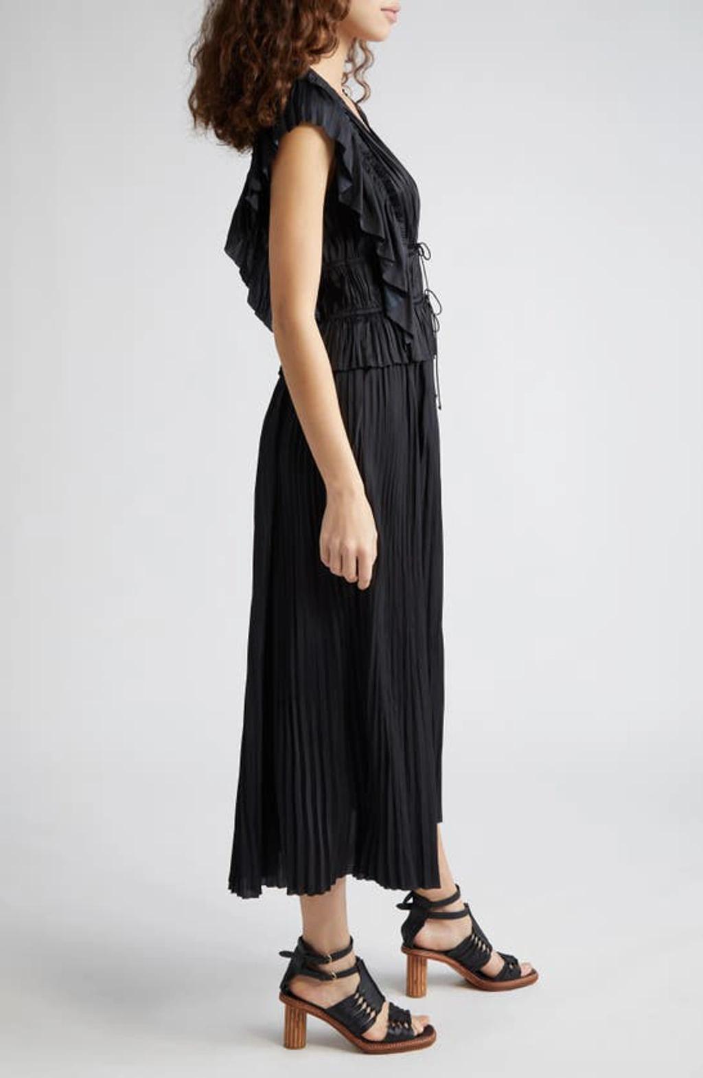 Letty Pleated Ruffle Satin Midi Dress In Noir Product Image