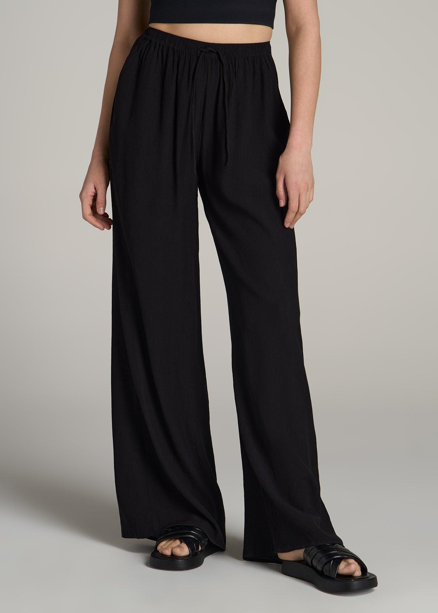 Crinkle Pull-on Wide-leg Pants for Tall Women in Black Product Image