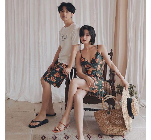 Couple Matching Floral Cutout Swim Dress / Swim Trunks / Short-Sleeve Crew Neck Lettering T-Shirt Product Image