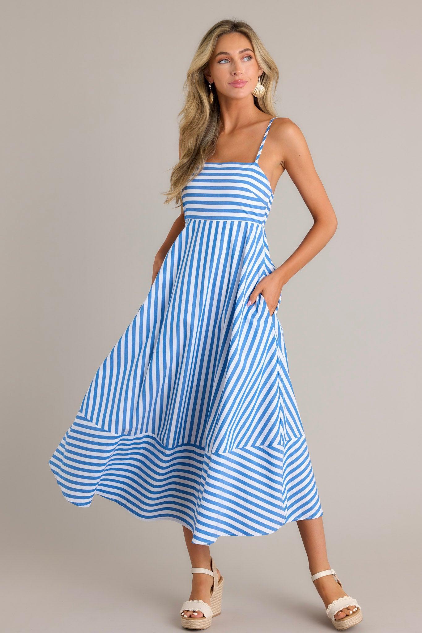 Serene Stunner 100% Cotton Blue Stripe Midi Dress Product Image