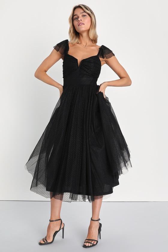 Flirtatious Feeling Black Tulle Flutter Sleeve A-Line Midi Dress Product Image