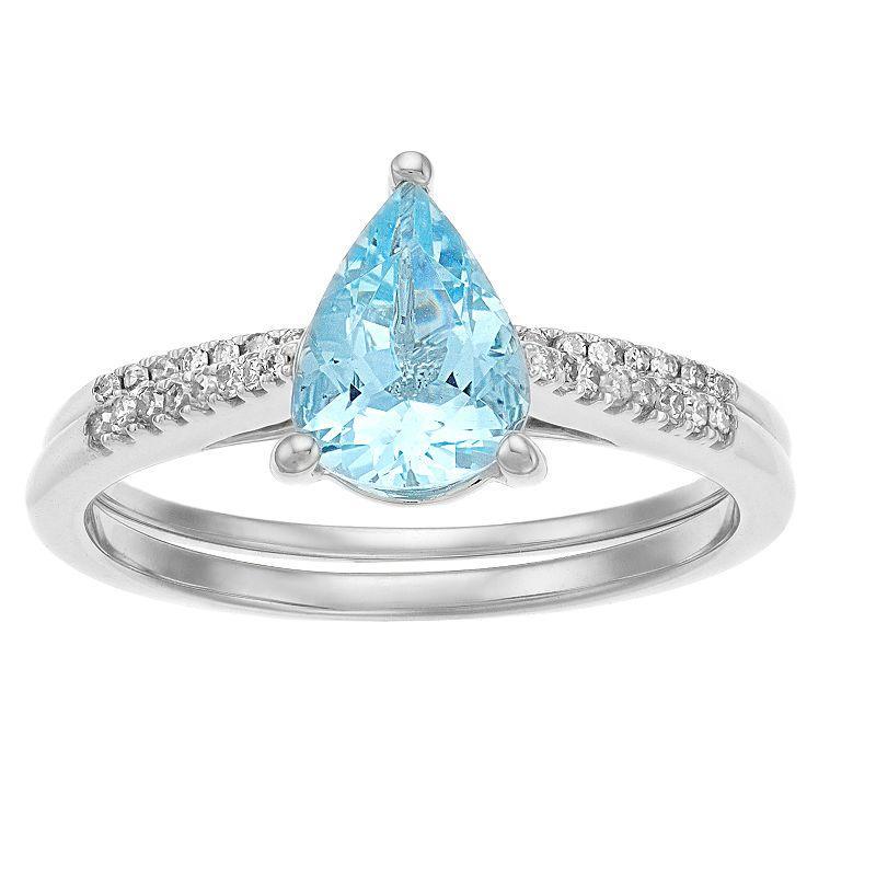 Gemminded 10k White Gold Pear Aquamarine 1/7 Carat T.W. Diamond Ring, Womens, Blue Product Image