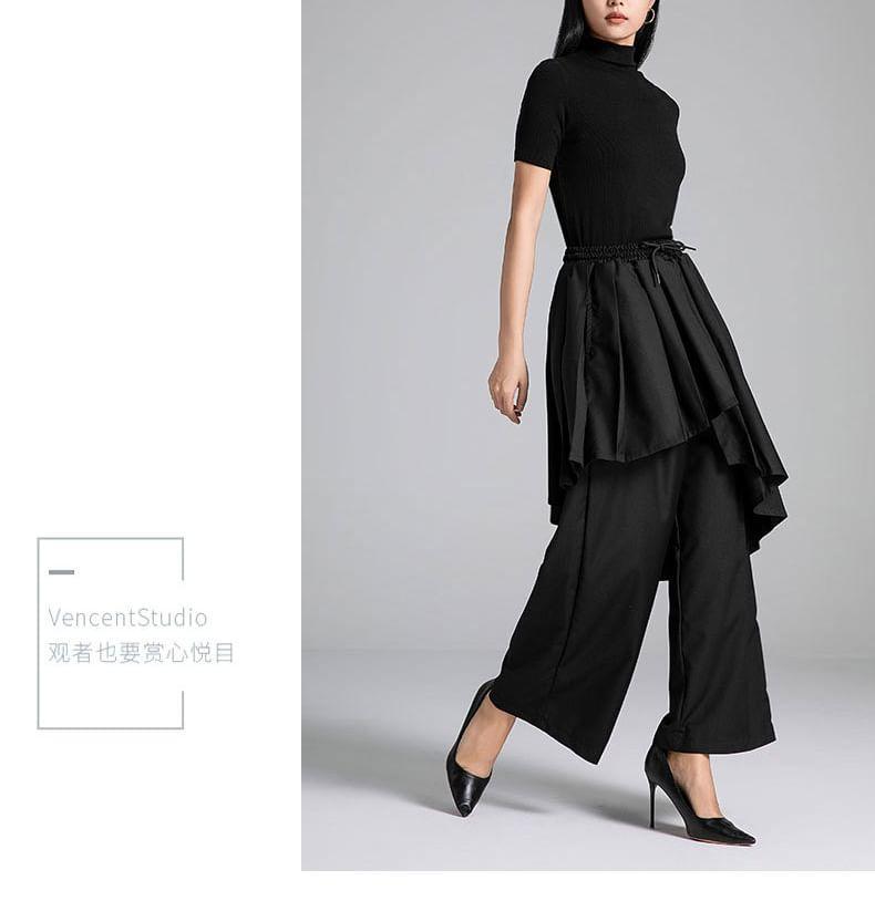 Drawstring Waist Mock Two-Piece Plain Asymmetrical Pleated Panel Wide Leg Pants Product Image