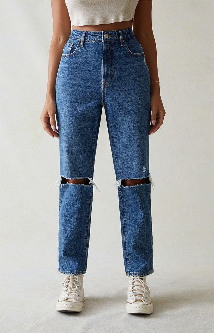 Womens Eco Stretch Dark Blue Ripped Curve Straight Leg Jeans product image