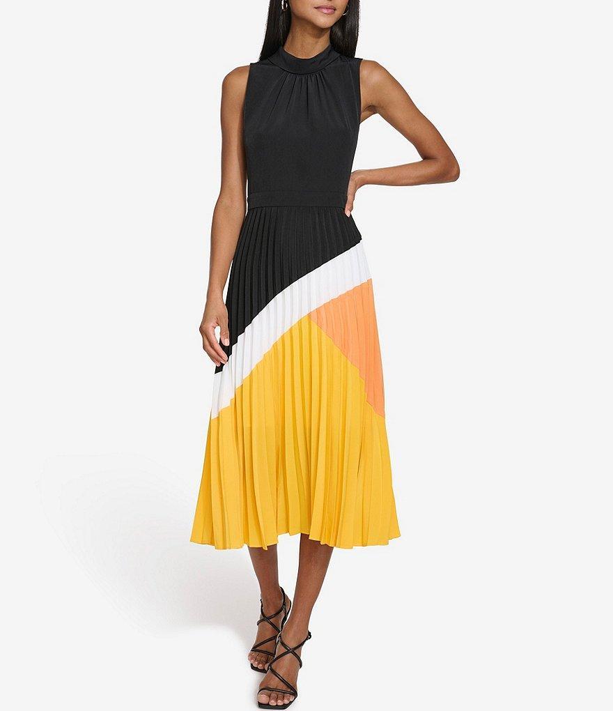 KARL LAGERFELD PARIS Cilky Crepe Colorblock Mock Neck Sleeveless Pleated Dress Product Image