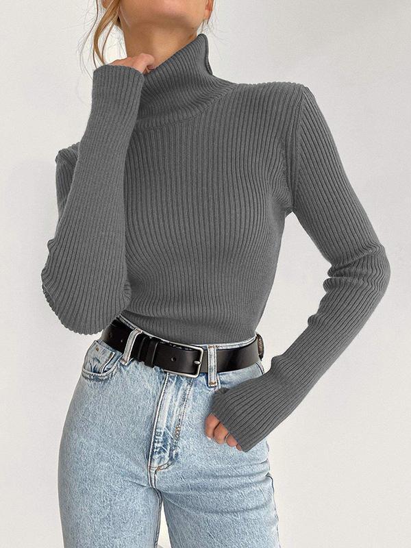 Long Sleeves Skinny Solid Color High Neck Pullovers Sweater Tops Product Image