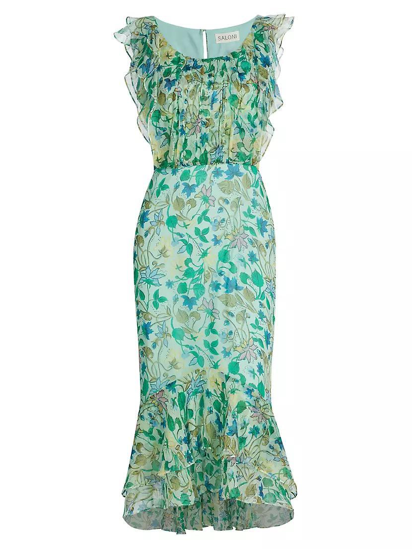 Aisha Ruffled Floral Silk Midi-Dress Product Image