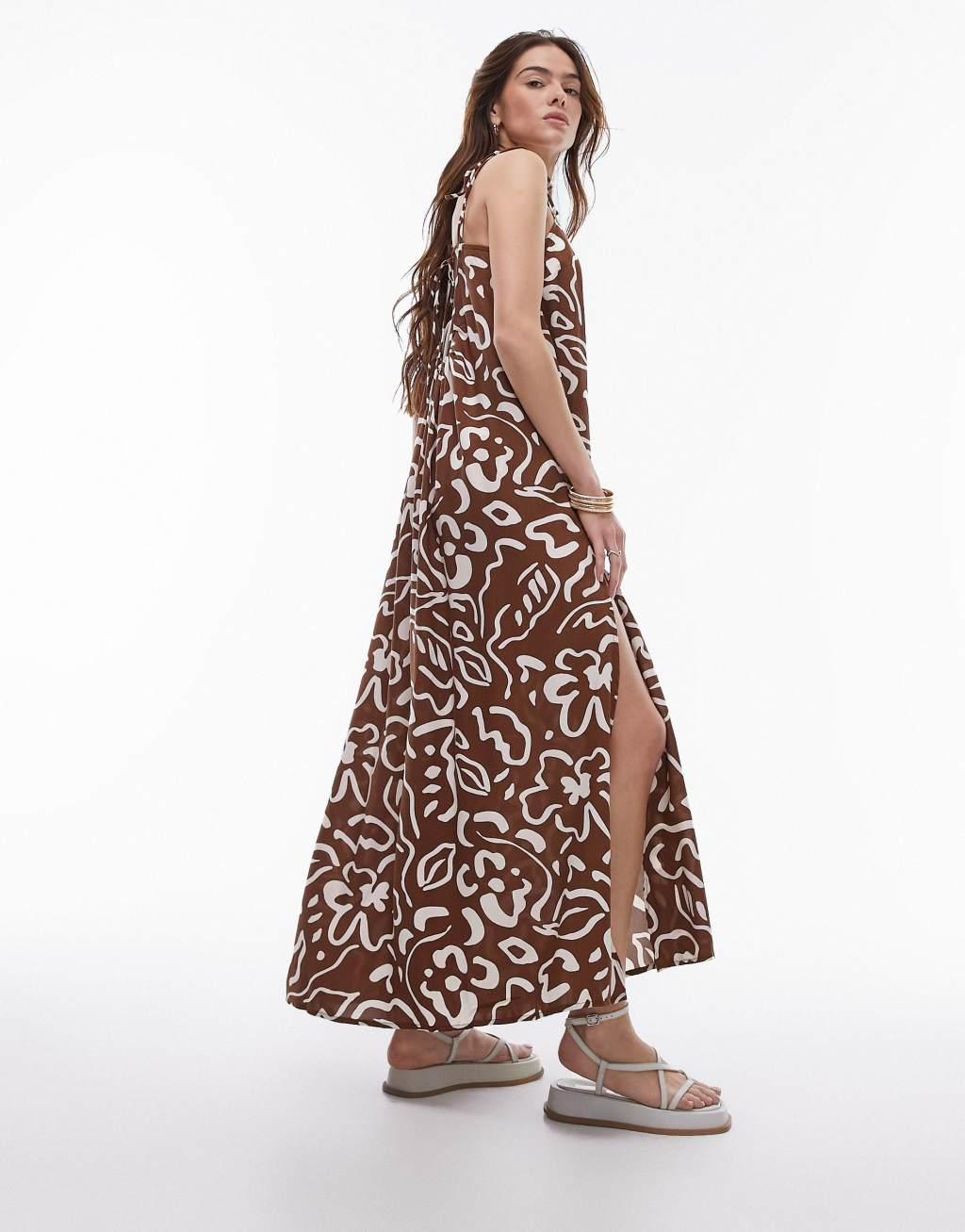 Topshop abstract floral print midi beach dress in chocolate  Product Image