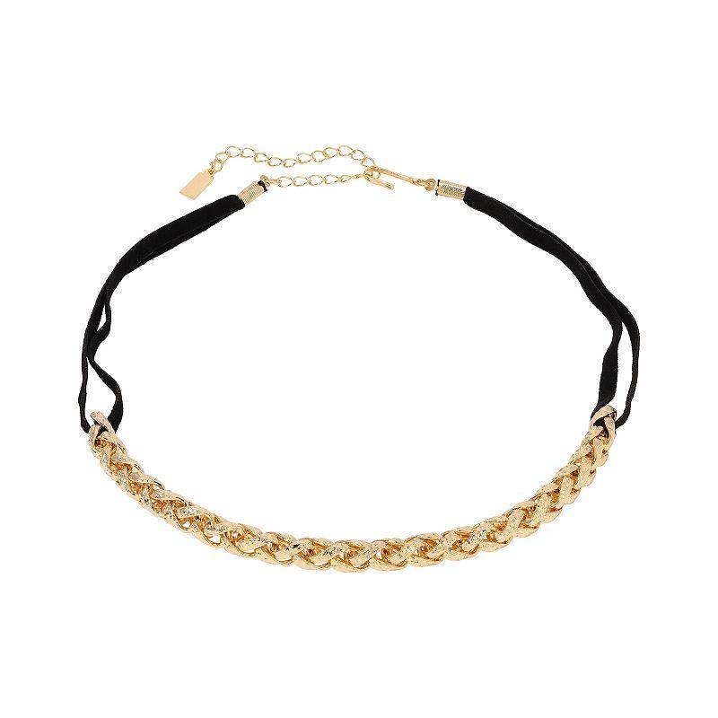 1928 Gold Tone Wheat Chain Black Velvet Necklace, Womens Product Image