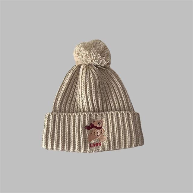 Bear Embroidered Pom Pom Beanie Product Image