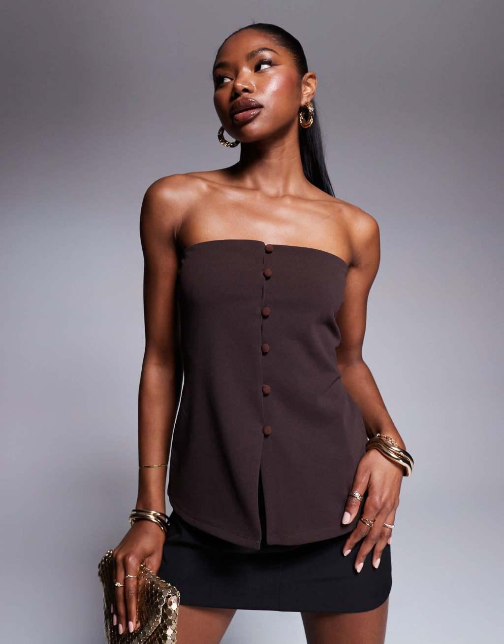 ASOS DESIGN longline bandeau vest with buttons in brown Product Image