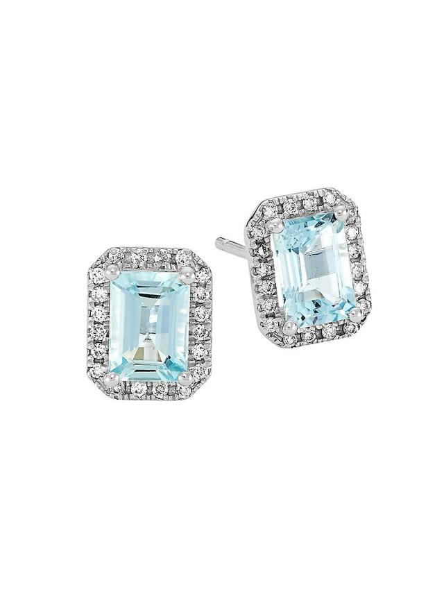 Womens 14K White Gold, Aquamarine, & 0.2 TCW Diamond Halo Stud Earrings Product Image