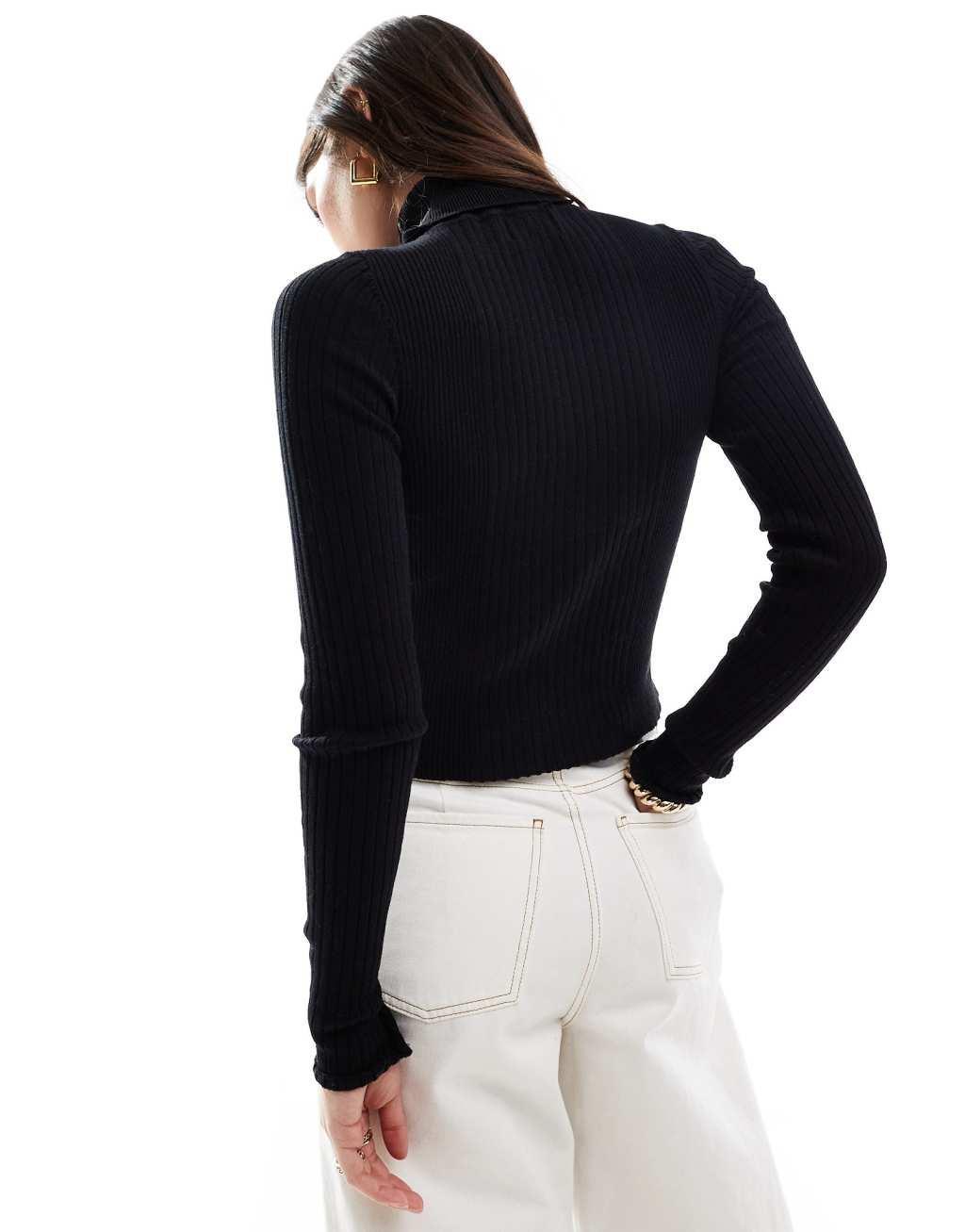 ASOS DESIGN knitted roll neck top in engineered rib in black Product Image