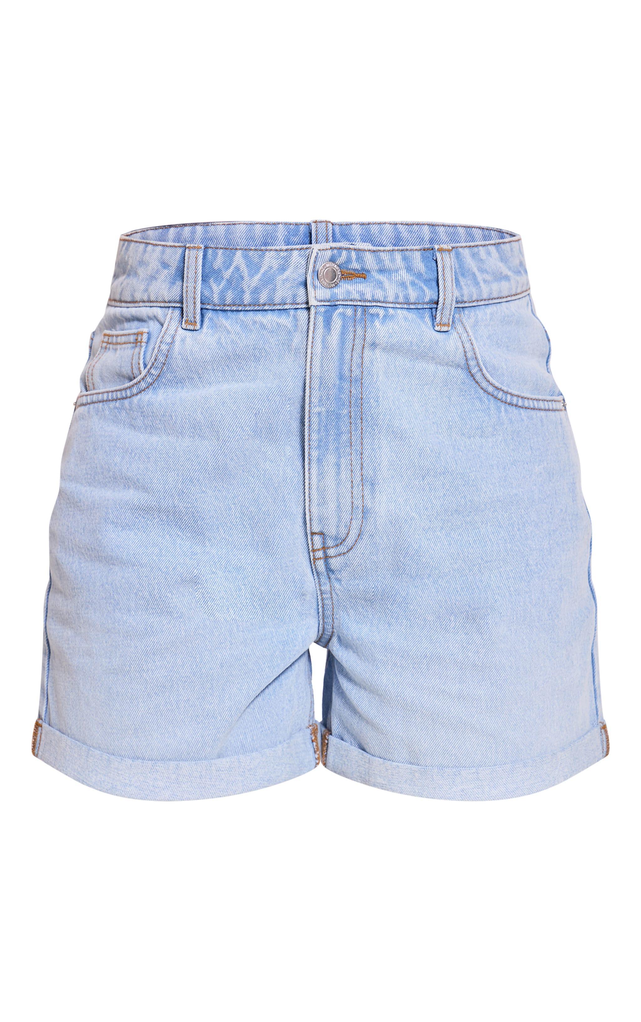 PRETTYLITTLETHING Light Blue Wash Turn Up Mom Denim Shorts Product Image