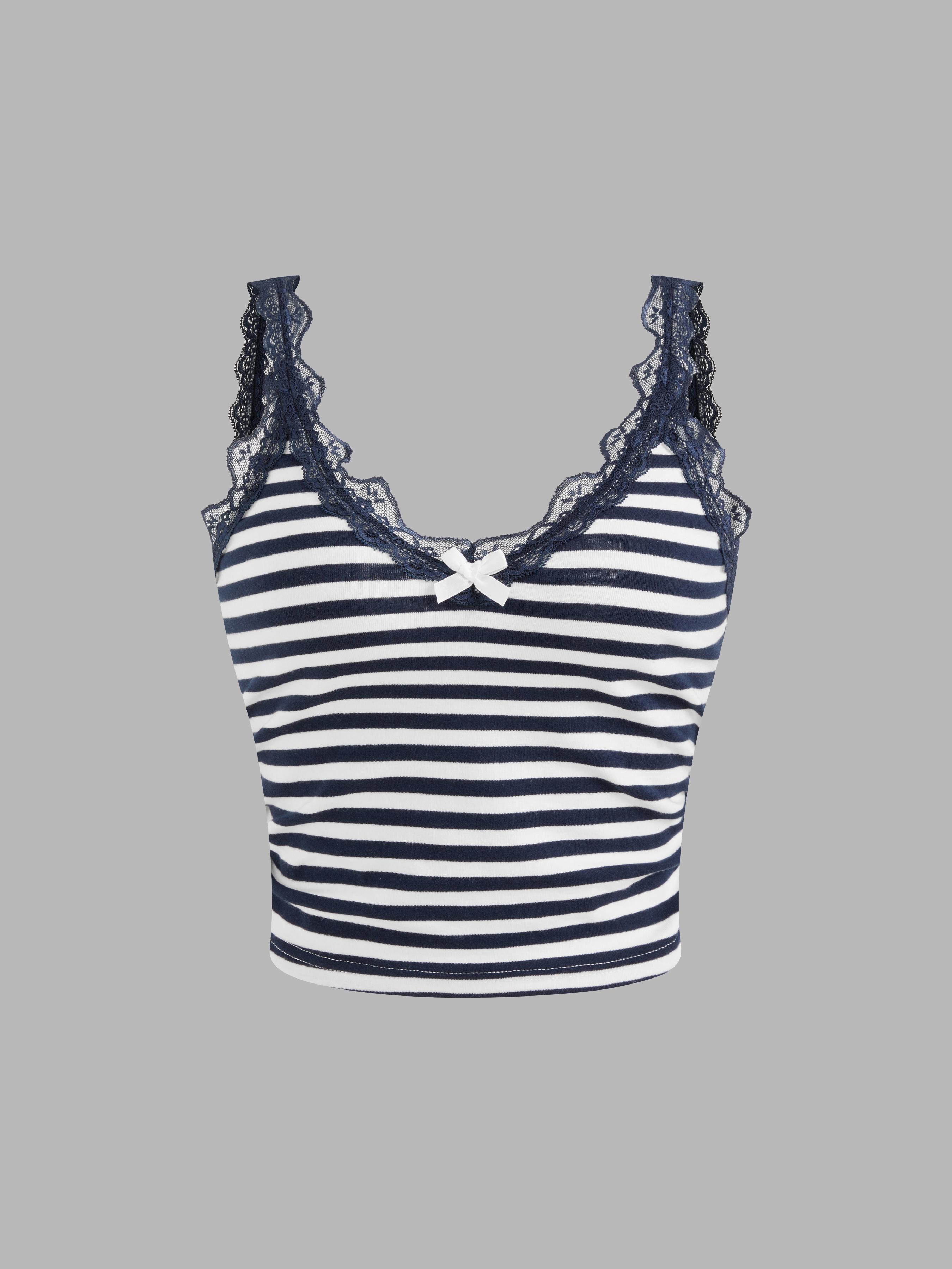 Cotton-blend V-neck Striped Lace Trim Bowknot Crop Cami Top Product Image