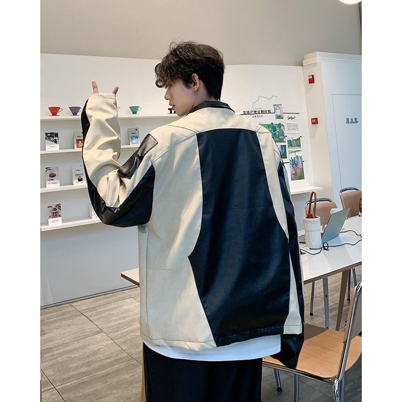 Faux Leather Two-Tone Zip Jacket Product Image