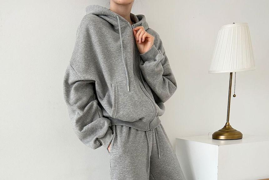 Set: Plain Zip-Up Hooded Jacket + Elastic Waist Sweatpants Product Image