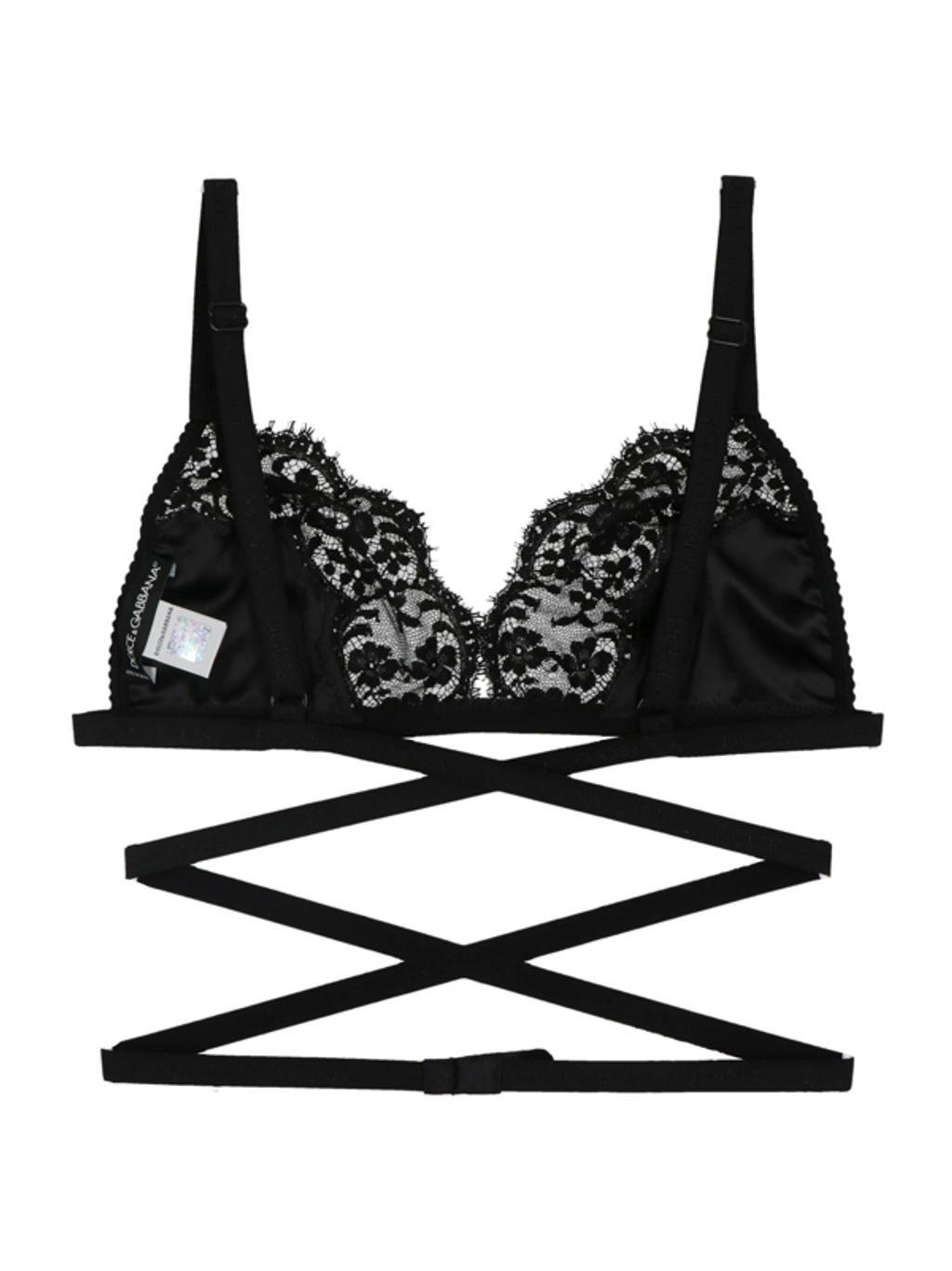 DOLCE & GABBANA Soft-cup Satin Bra With Lace Detailing And Branded Elastic In Nero Product Image