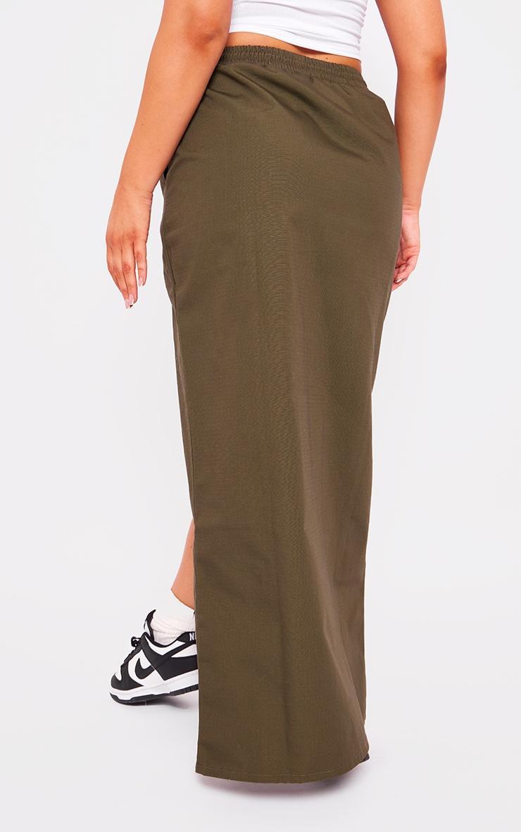 Khaki Ripstop Split Thigh Drawstring Waist Maxi Skirt Product Image