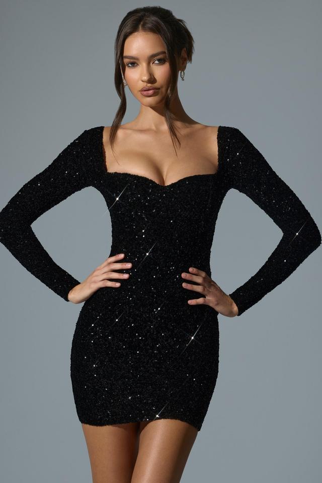 Embellished Sweetheart-Neck Mini Dress in Black Product Image