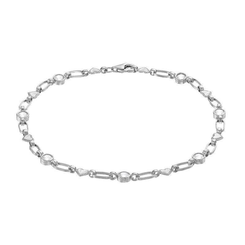 Kristen Kesho Sterling Silver Lab-Created White Sapphire Heart Link Bracelet, Womens Product Image